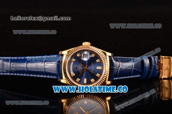 Rolex Day-Date Asia 2813/Swiss ETA 2836/Clone Rolex 3135 Automatic Yellow Gold Case with Diamonds Markers and Blue Dial (BP) - Click Image to Close